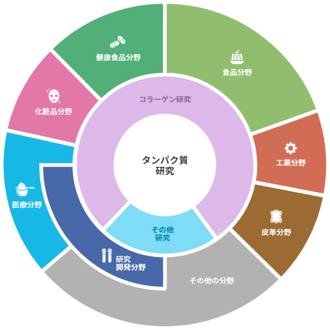 食品分野：コラーゲンペプチド、コラーゲン紐、ソーセージケーシング、食用ゼラチン　工業分野：写真用ゼラチン、工業用ゼラチン（にかわ）　皮革分野：皮革製品　その他の分野：アニマルヘルス製品、ケミカル製品、理化学機器製品、研究用試薬類　医療分野：iPS細胞培養基質、医療・研究用ゼラチン、医療・研究用コラーゲン　化粧品分野：コラーゲン化粧品　健康食品分野：食用ゼラチン（健康食品）